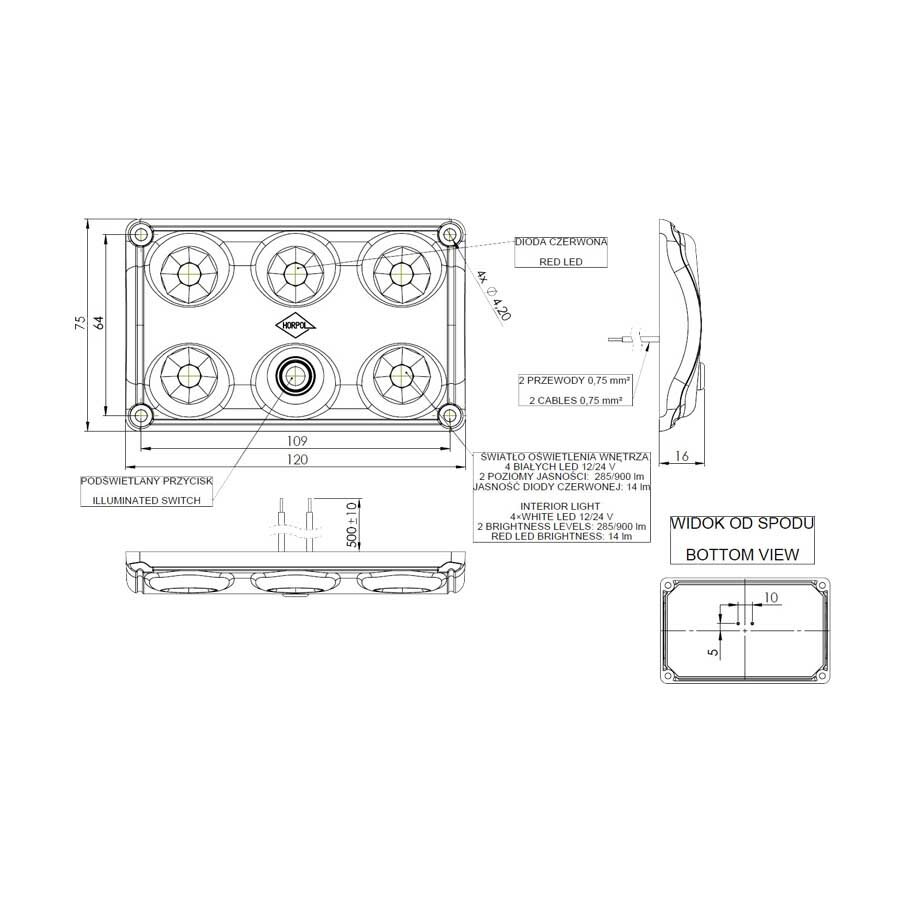Horpol LED Interior Lamp Red/White Dimmable + Switch LWD 2157