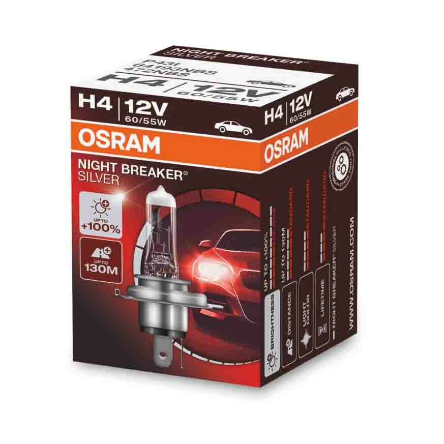 Osram H4 Halogen Lamp 12V 60/55W P43t Night Breaker Silver Osram H4 Halogen Lamp 12V 60/55W P43t Night Breaker Silver