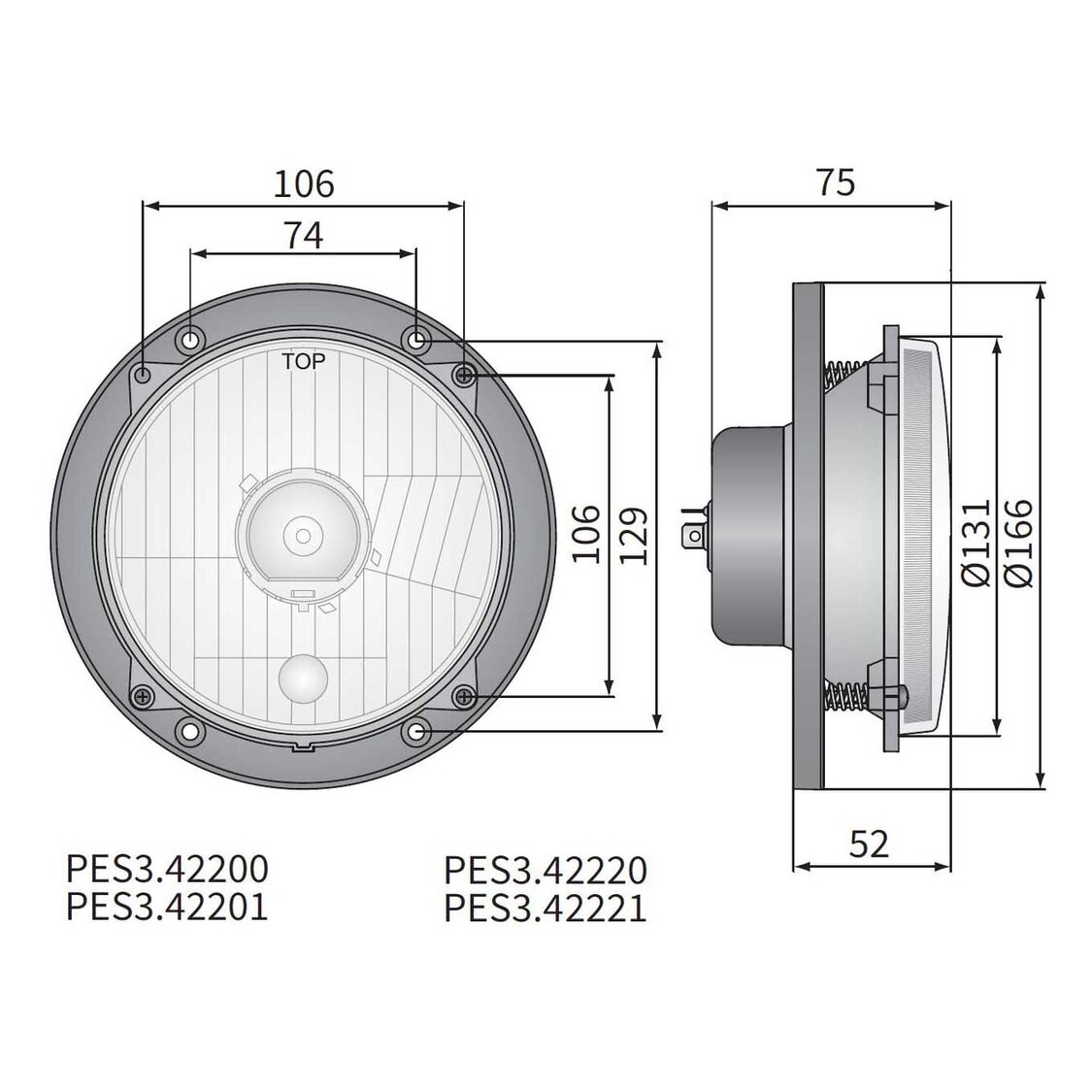 Headlamp H4 Ø166x75 hole pattern 106x106 12V