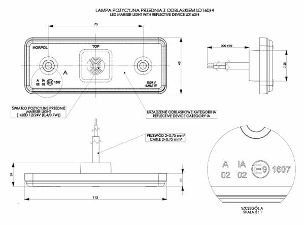 Horpol LED Front Marker Light White With Reflector 12/24V | LD-160/4