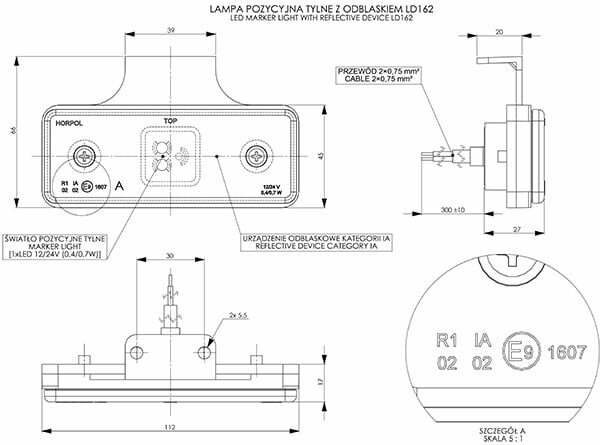 Horpol LED Rear Marker Light Red With Reflector And Bracket 12/24V | LD-162