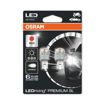 Osram W16W LED Retrofit Red 12V W2.1x9.5d 2 Pieces