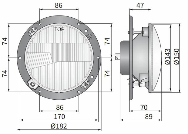 Headlamp R2 Ø182x89 Incl 12V Bulbs