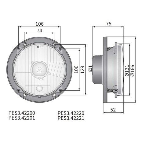 Headlamp H4 Ø166x75 hole pattern 106x106 12V