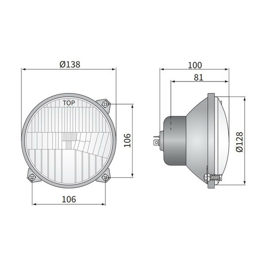 Headlight Massey Ferguson H4 Ø138mm 3-Bolt Mounting