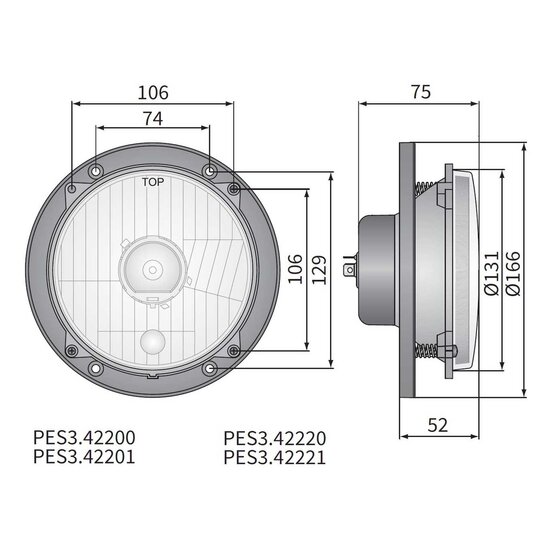 Koplamp H4 Ø166x75 gatafstand 106x106 + Bevestigingsplaat 12V