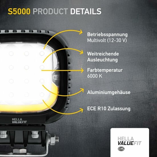 Hella S5000 2.0 LED Flood Light 5000 lm + White/Amber Position