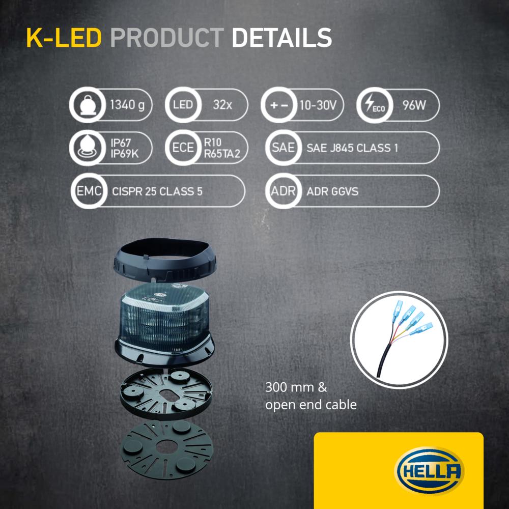 HELLA K-LED QUADRA LED Zwaailamp Oranje | Smoke