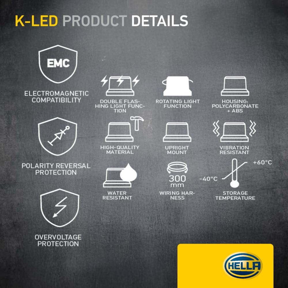 HELLA K-LED QUADRA LED Zwaailamp Oranje | Smoke